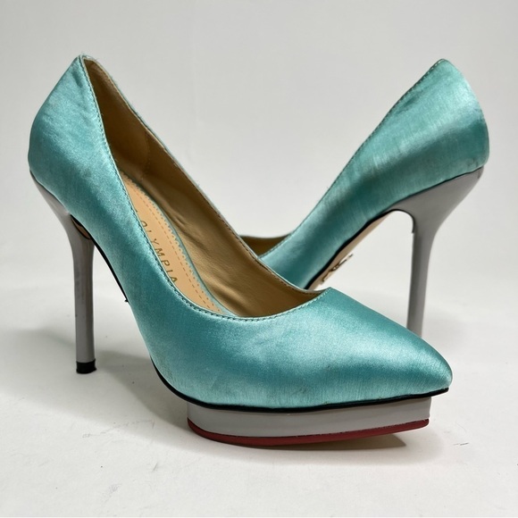 CHARLOTTE OLYMPIA Teal Aquamarine Satin Pointed-Toe Platform Grey Pumps Heels - Picture 1 of 12